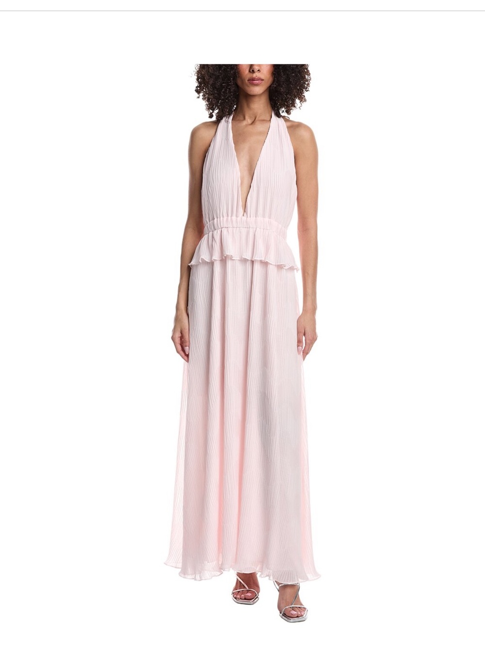 Ramy Brook Pale Pink Halter Plunge Ruffle Maxi Dress